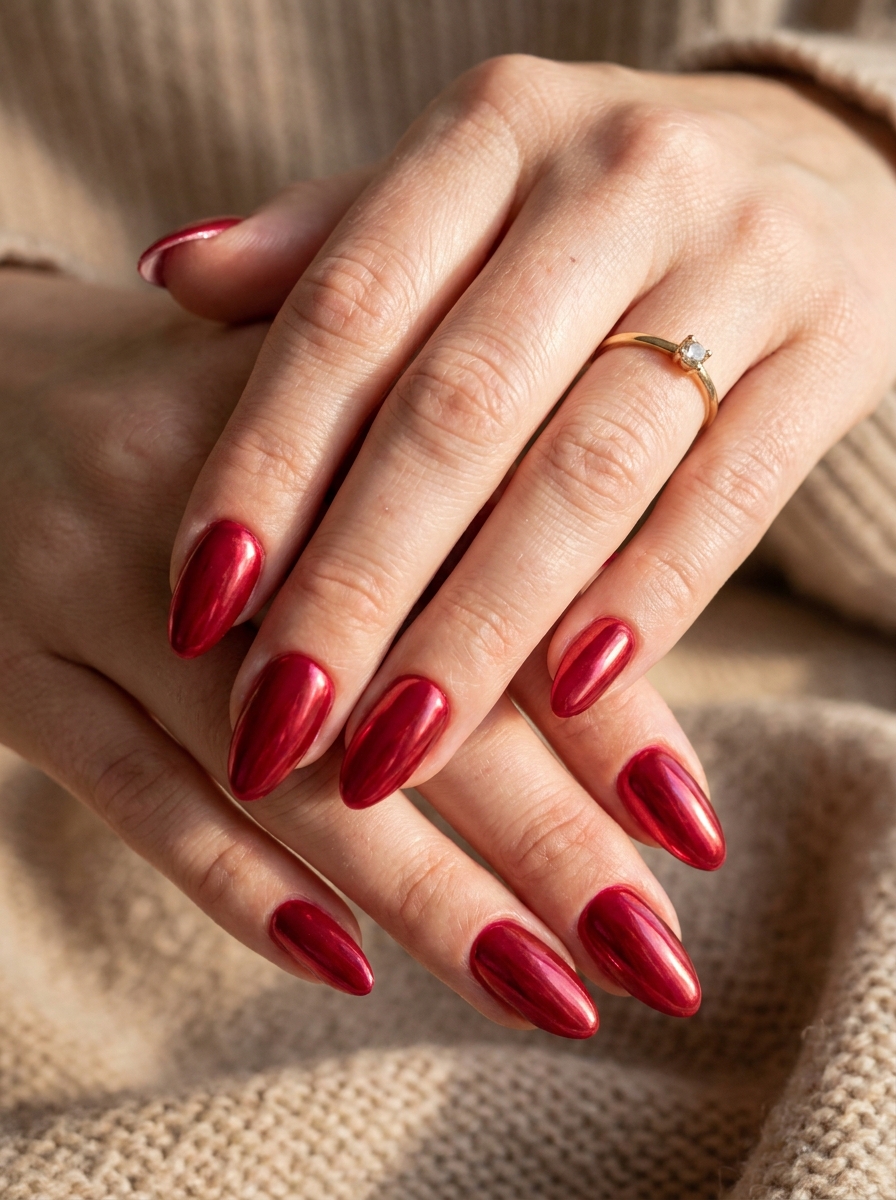 Kirschrote Chrome Nägel mit glänzendem roten Finish